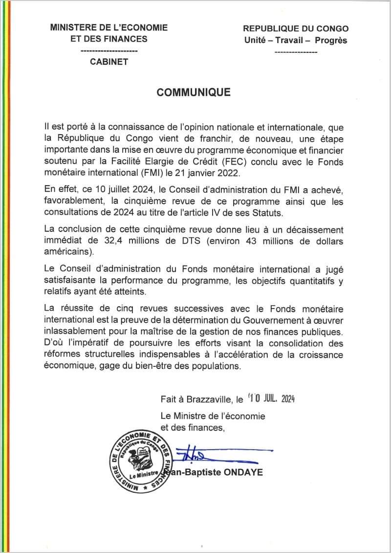 Economie: le Congo franchit une nouvelle étape dans la mise en œuvre de son programme économique et financier